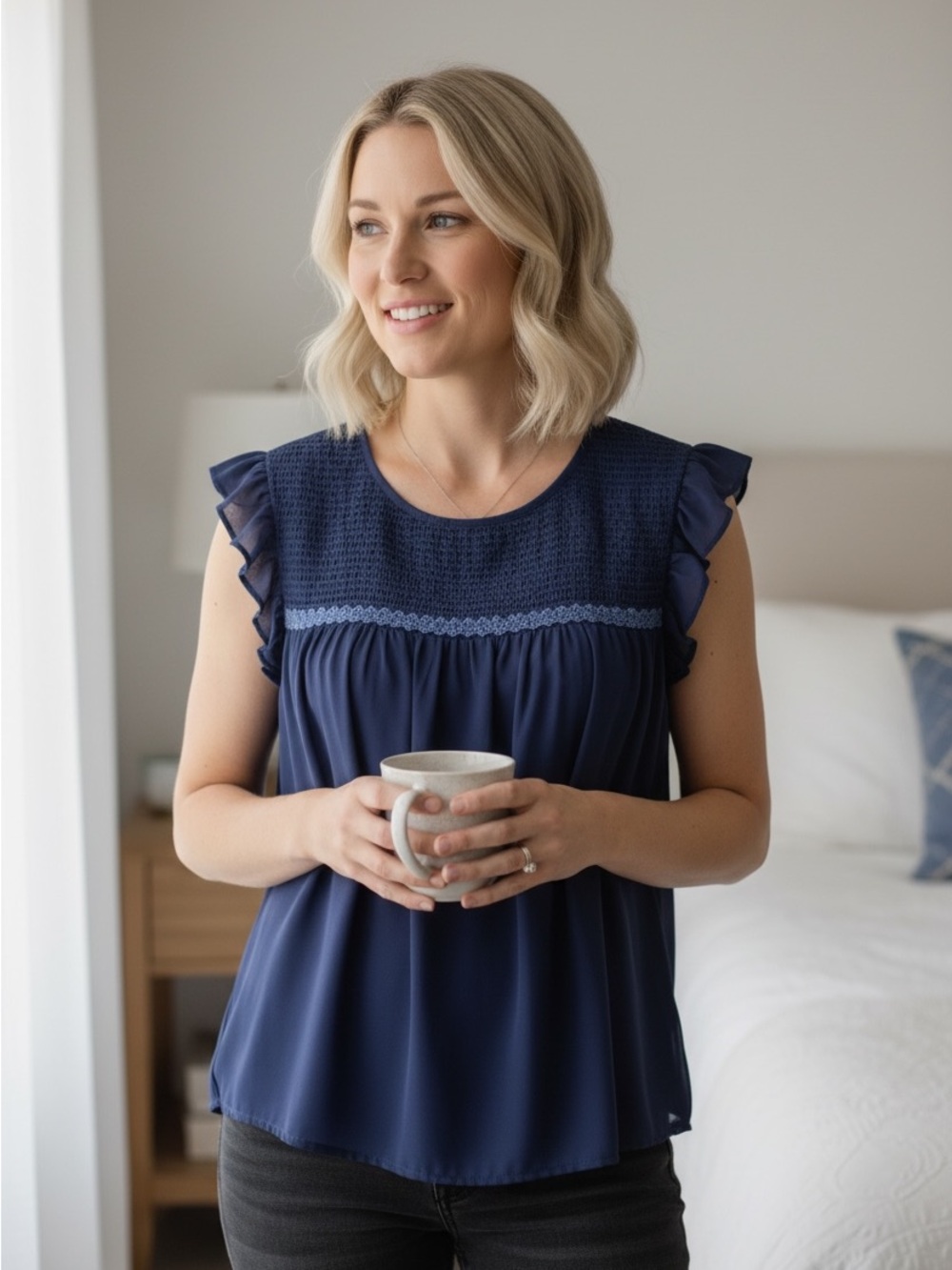 Daniel Rainn Dark Blue Ruffle Sleeve Blouse